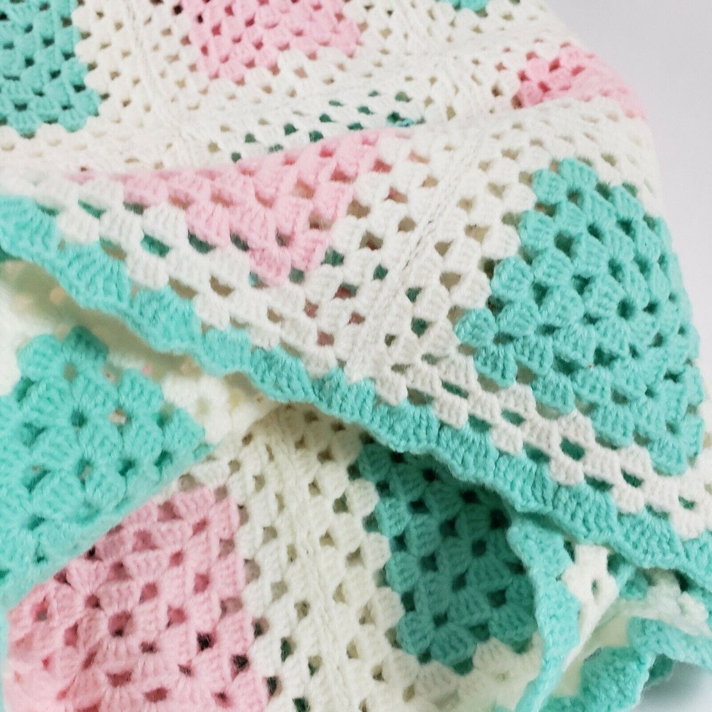 Crocheted Baby Lap Blanket Afghan Throw Handmade Pink Off-White Green 36” x 68” - Picture 4 of 6